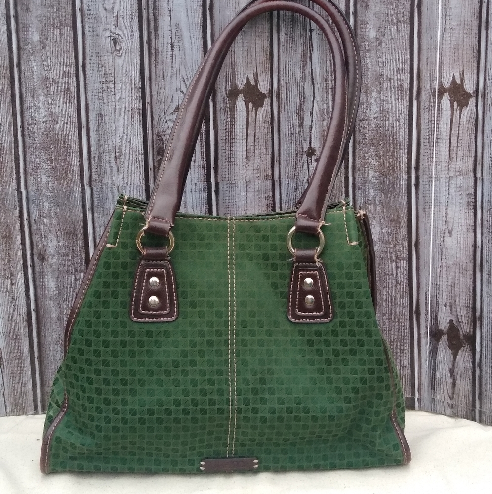 Nine & Co Green Fabric Shoulder Bag Leatherette Trim Multiple Compartments Vtg